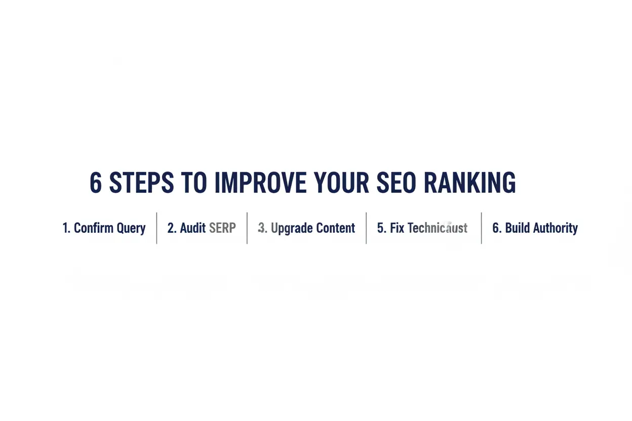 Text graphic showing six steps to improve SEO ranking: Confirm Query, Audit SERP, Upgrade Content, Strengthen Trust, Fix Technical, Build Authority