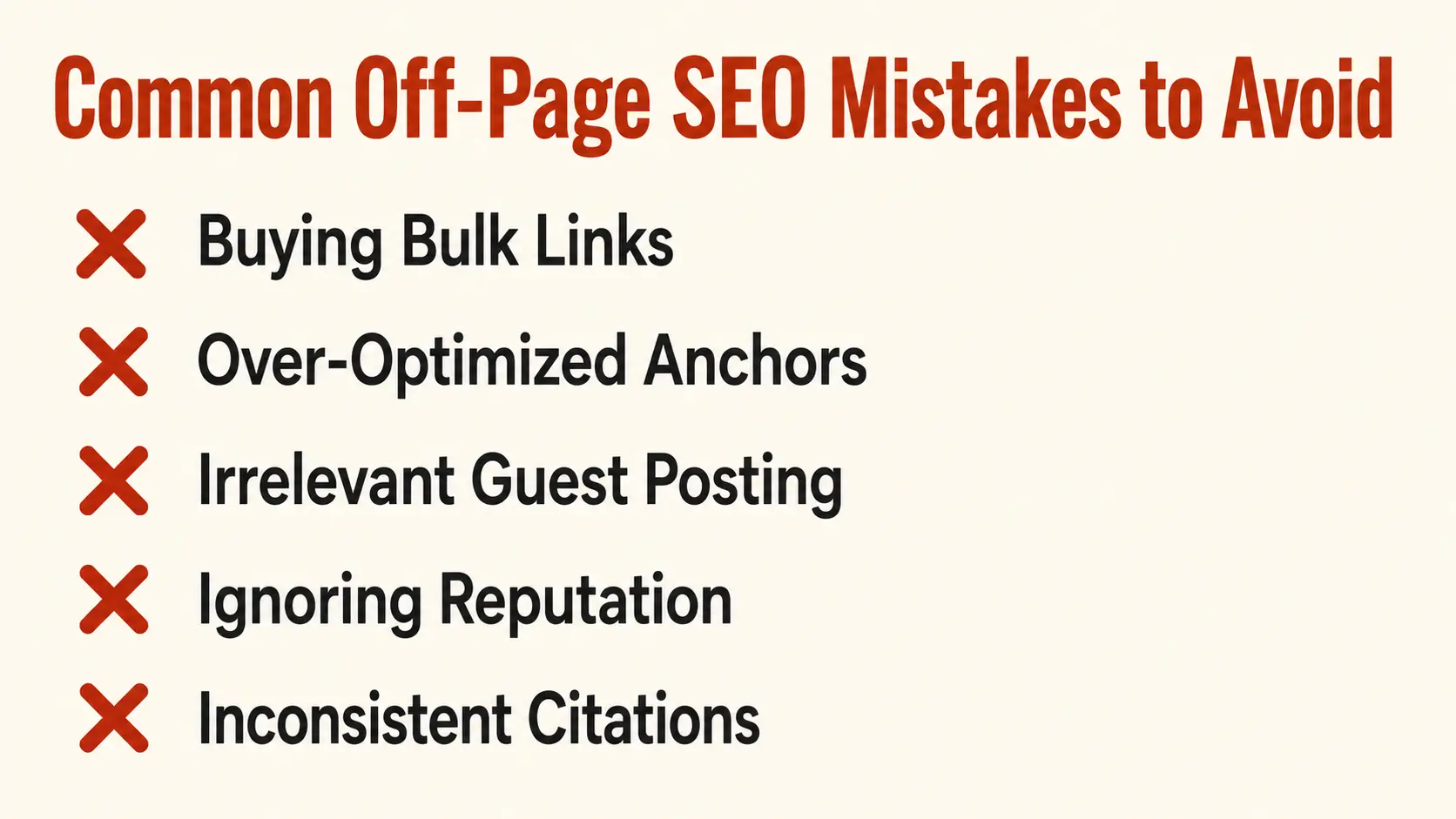 List of common off-page SEO mistakes including buying bulk links, over-optimized anchors, and inconsistent citations