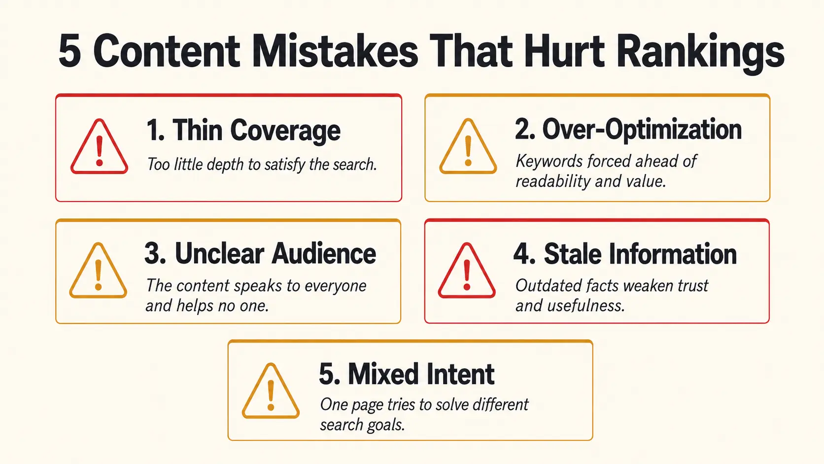 Graphic listing five common content mistakes that reduce helpfulness and hurt SEO rankings