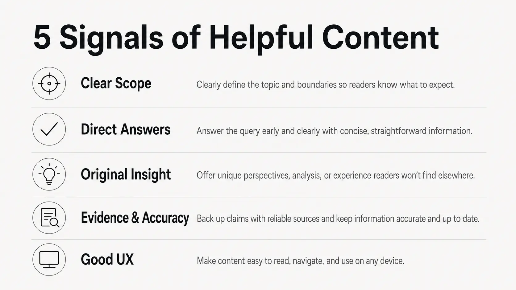 Infographic listing five helpful content signals that support SEO rankings