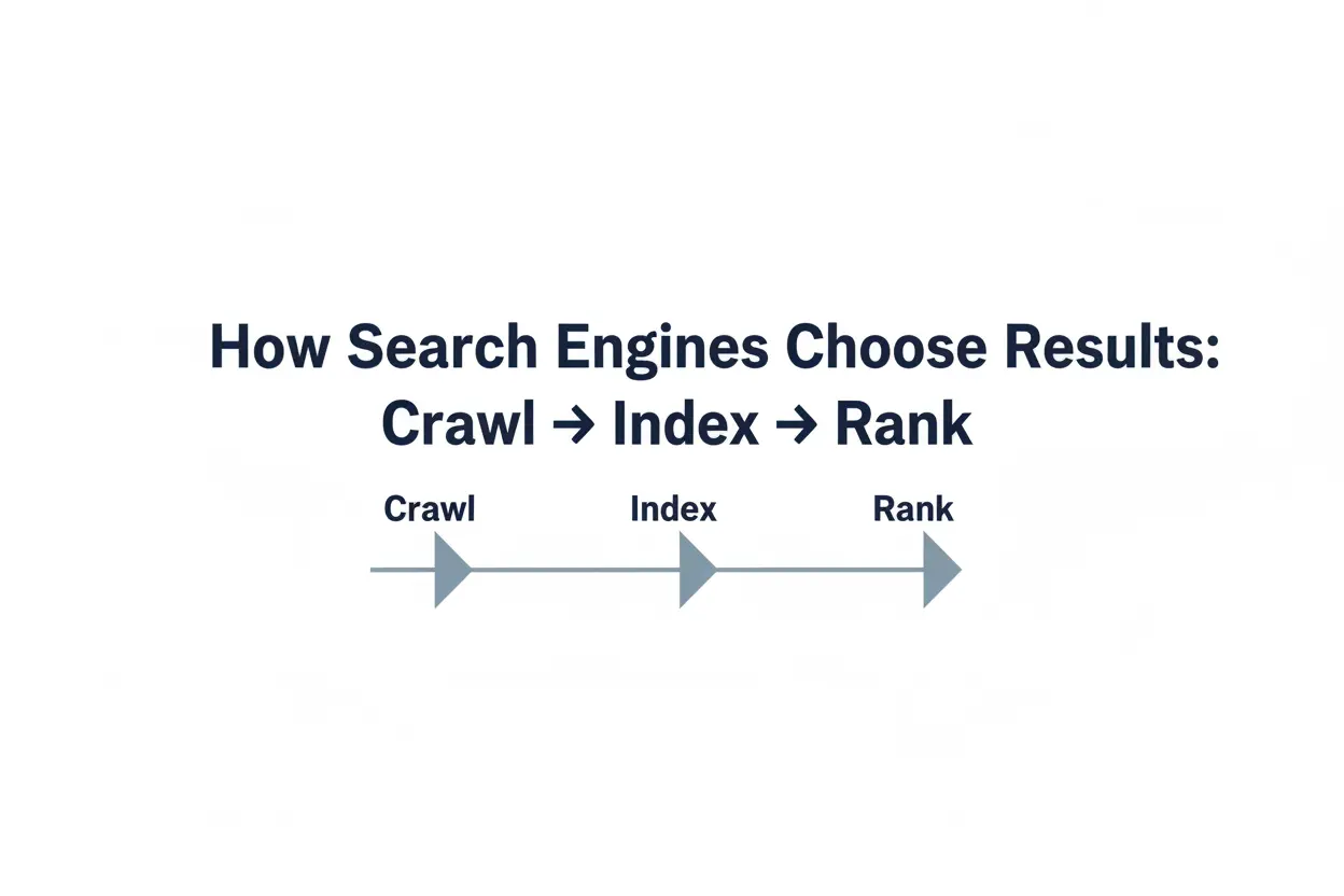Text-based diagram showing the three-step search engine process: Crawl, Index, Rank