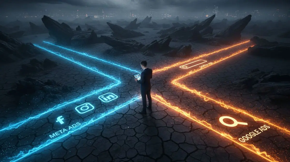 Marketer standing at a strategic crossroads choosing between Meta Ads and Google Ads paths for business growth