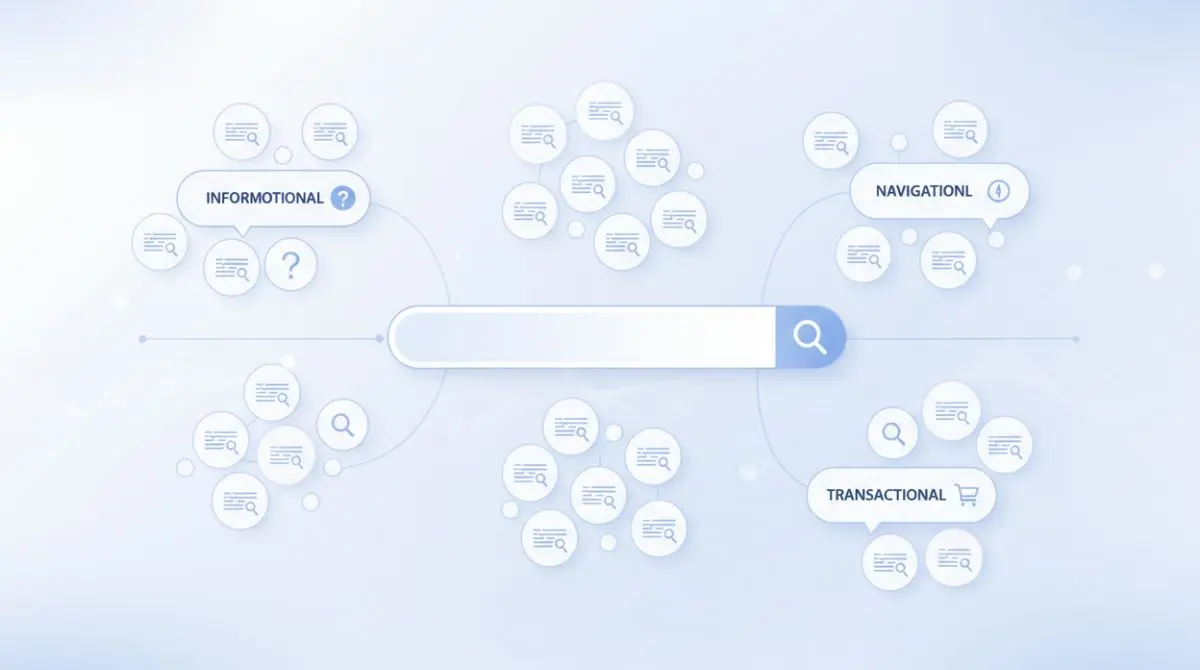 A search bar surrounded by keyword bubbles representing different search intent categories
