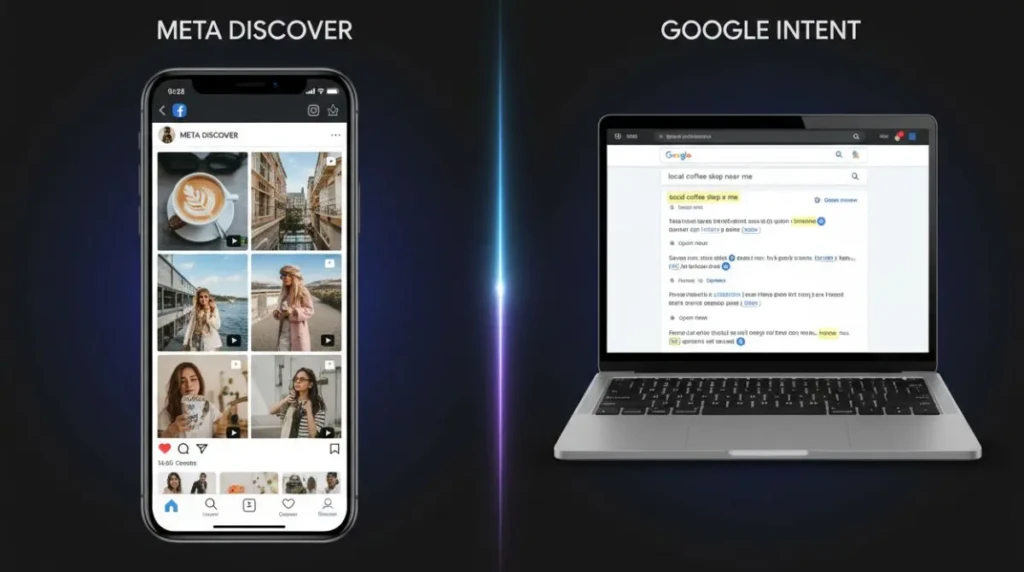 Split-screen comparison of Meta Ads social feed discovery and Google Ads search intent on devices
