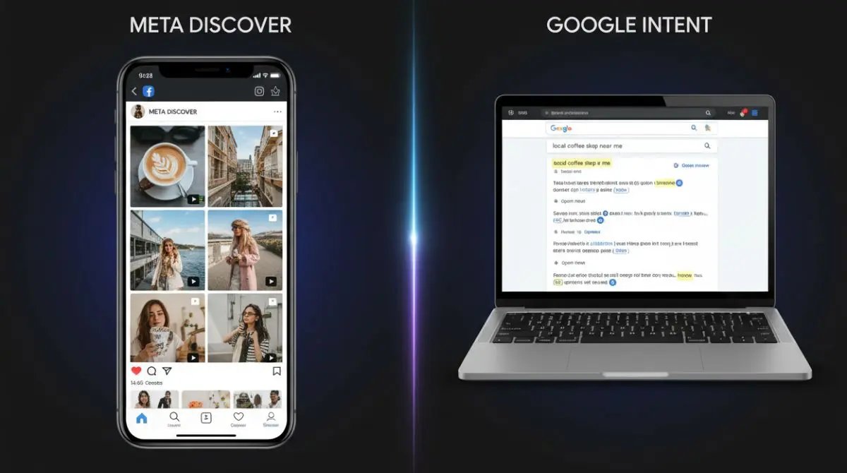 Split-screen comparison of Meta Ads social feed discovery and Google Ads search intent on devices