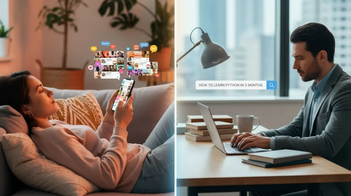 Person scrolling social media feed representing Meta discovery versus person actively searching on Google representing purchase intent
