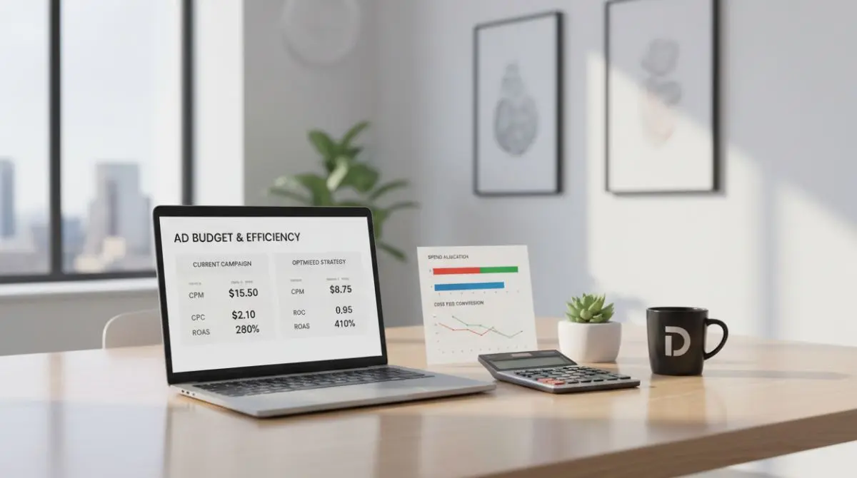Laptop showing ad performance dashboard with CPM and CPC metrics comparing Meta Ads and Google Ads cost efficiency