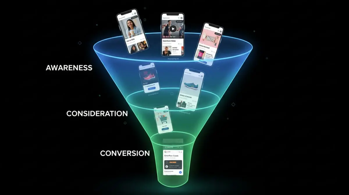 Marketing funnel diagram showing Meta Ads at awareness and consideration stages and Google Ads at the conversion stage