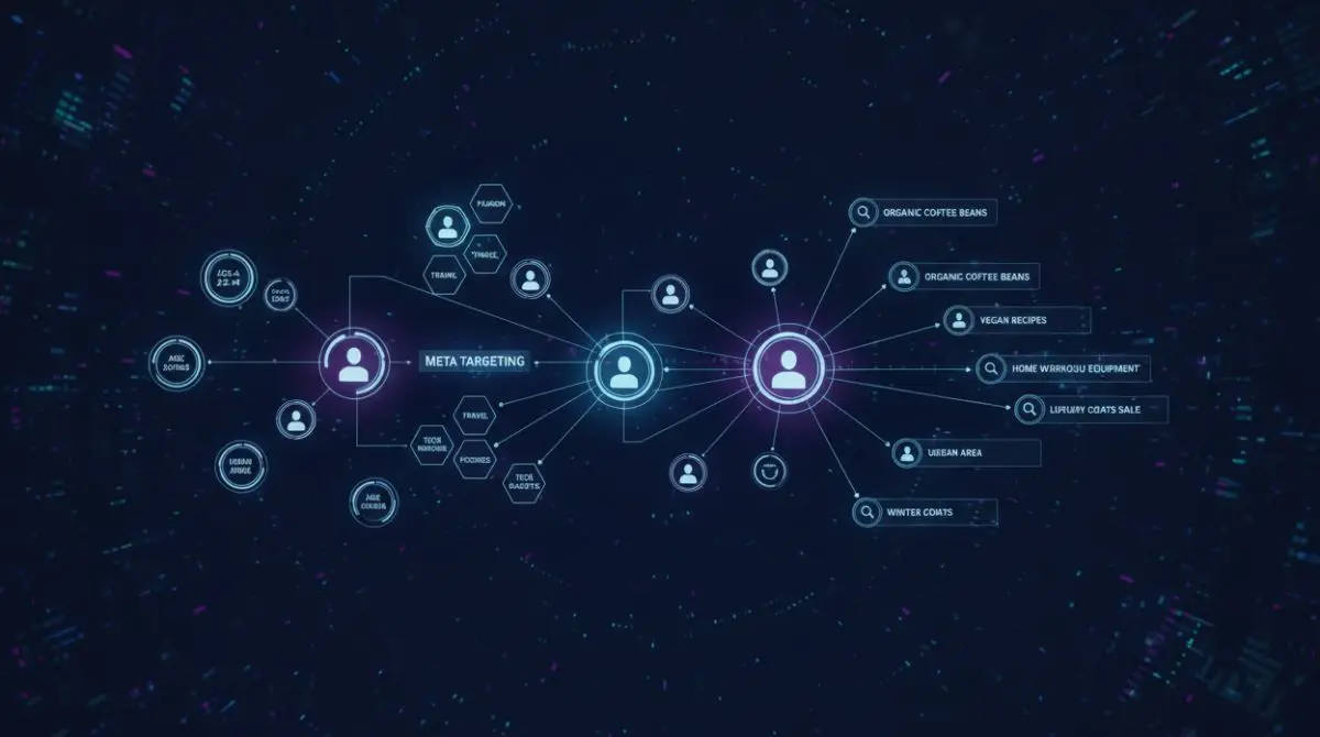 Digital network visualization showing interest-based audience targeting for Meta Ads and keyword-based targeting for Google Ads