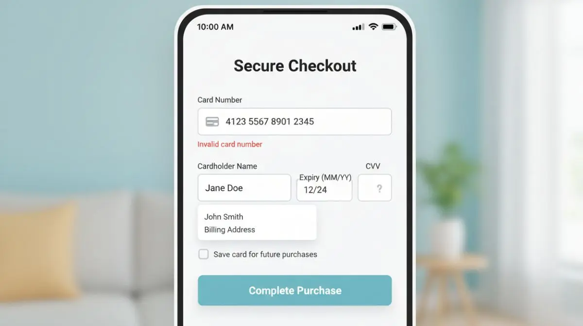 Clean mobile checkout form with labeled fields, inline errors, and autofill enabled