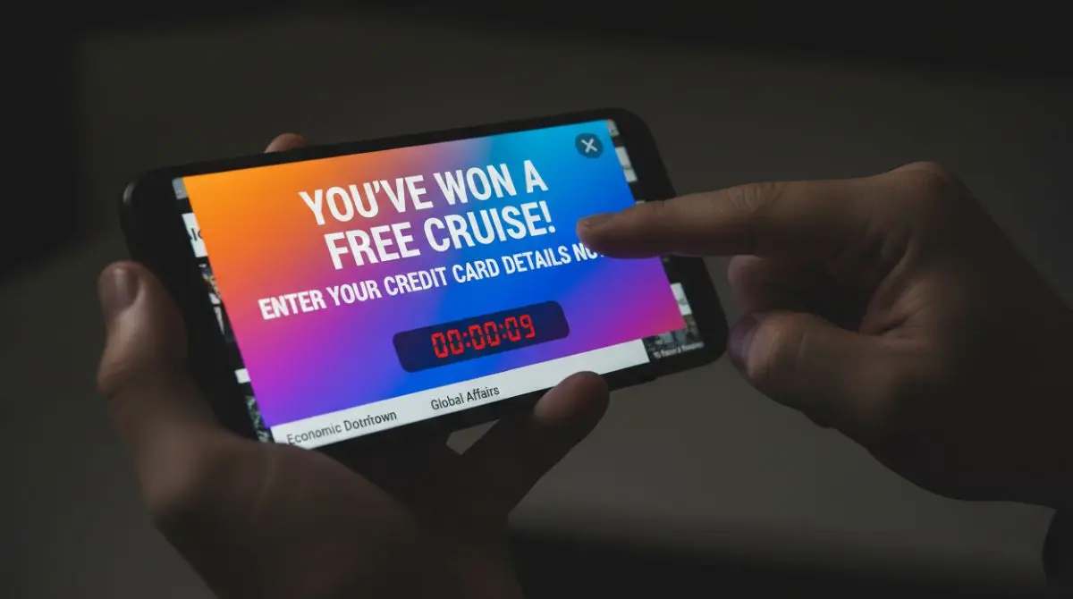 Aggressive popup covering a mobile screen with a tiny hard-to-find close button
