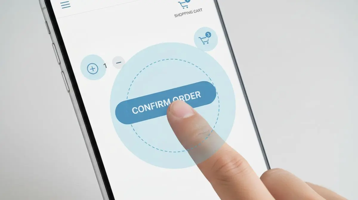Thumb pressing a large well-spaced button on a mobile UI with clear tap zones