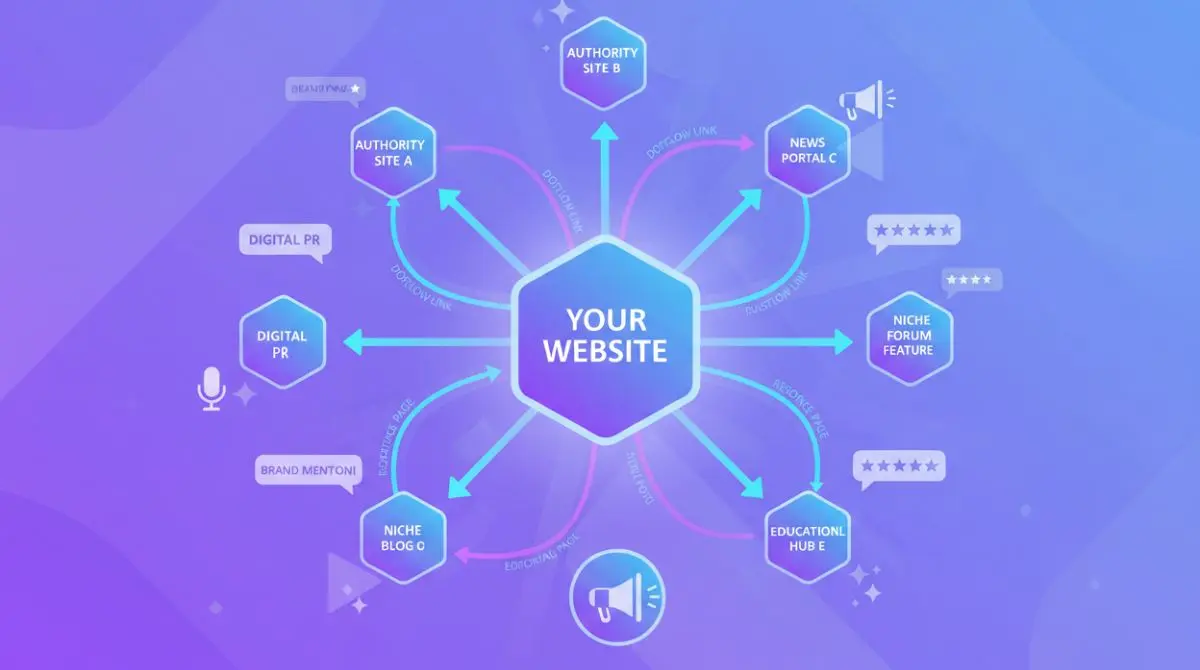 Network of authoritative websites connected by backlink arrows pointing to a central site with brand mentions and review signals