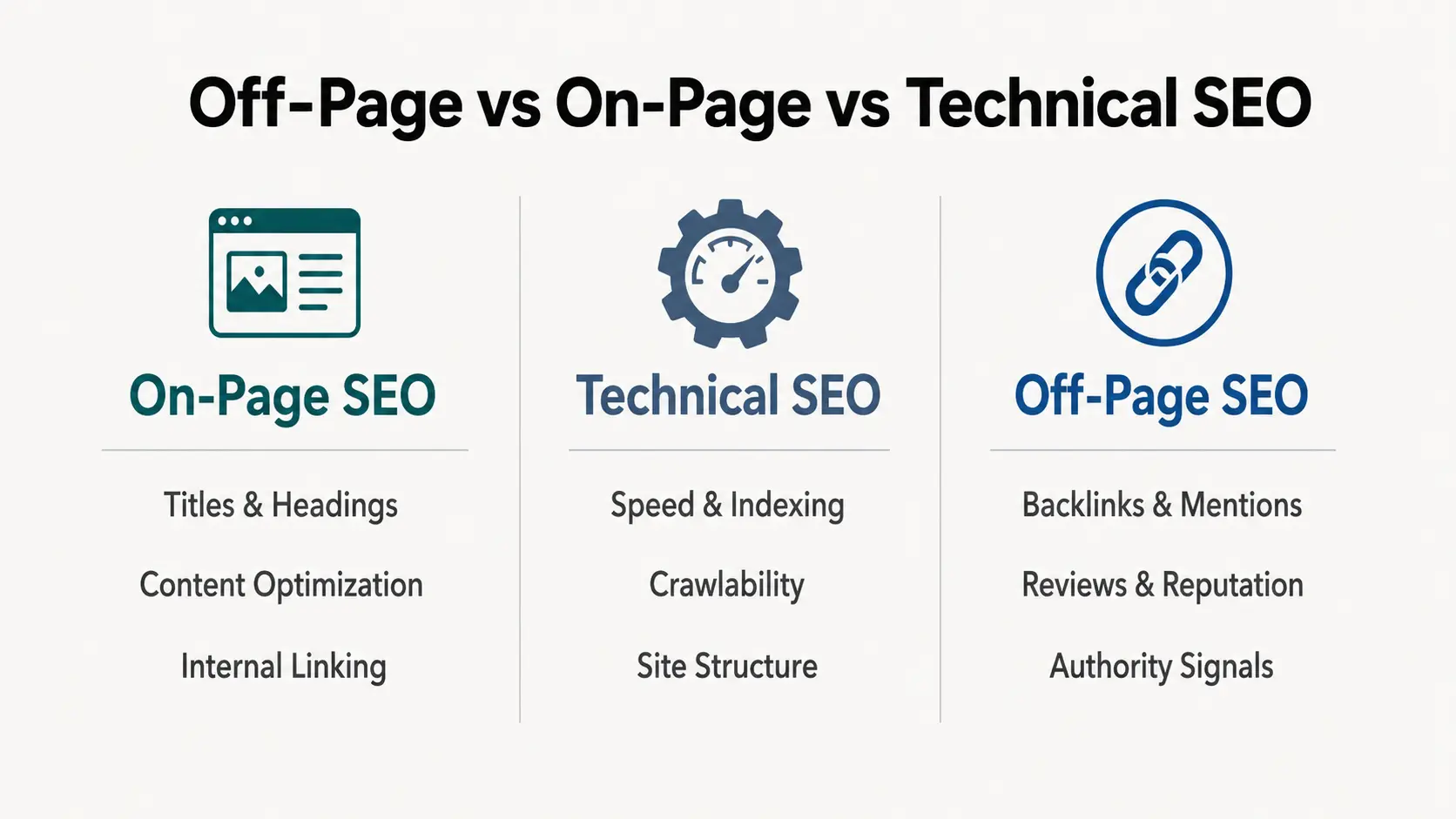 Comparison table showing differences between off-page SEO, on-page SEO, and technical SEO