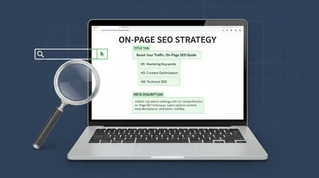 A laptop displaying a well-structured webpage with SEO elements highlighted including title tag and headings