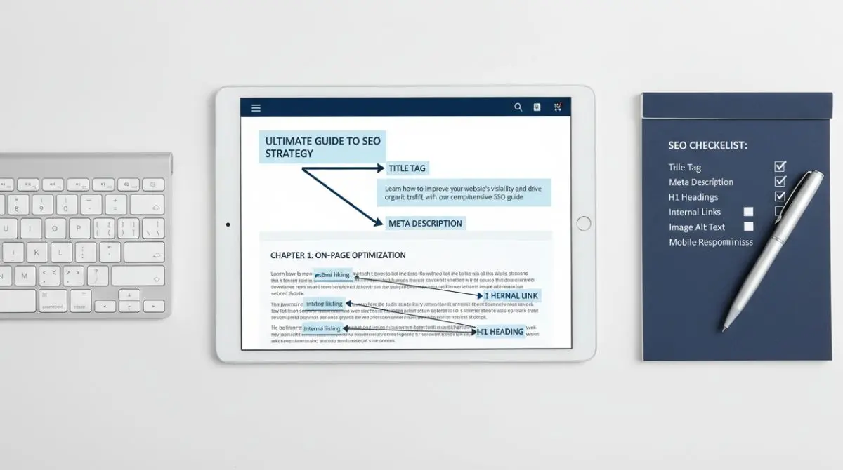 A webpage mockup with annotated title tag, meta description, H1 heading, and internal links on a desk with an SEO checklist