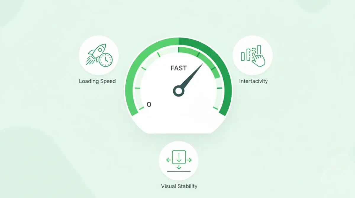 A performance dashboard with a speedometer and three Core Web Vitals metric icons for loading speed, interactivity, and visual stability