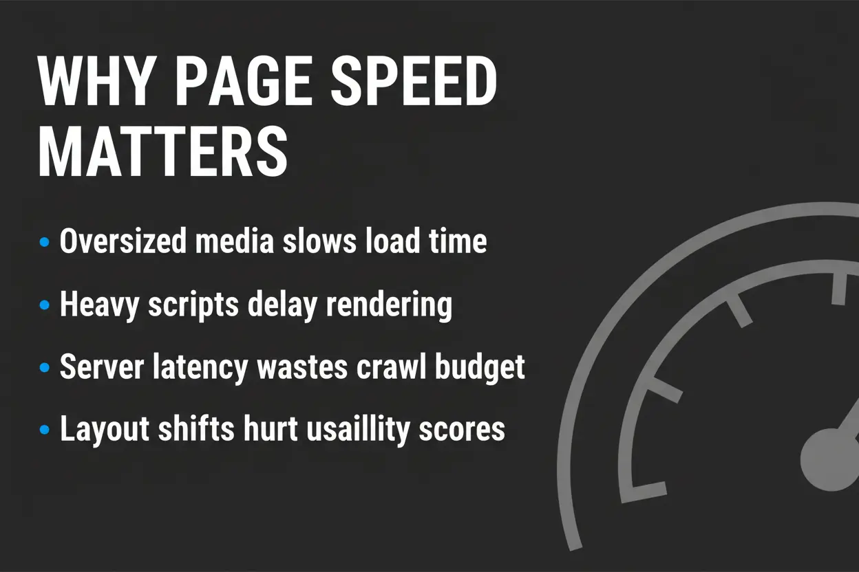 Text graphic listing common technical causes of slow page speed including heavy scripts, oversized media, and layout shifts