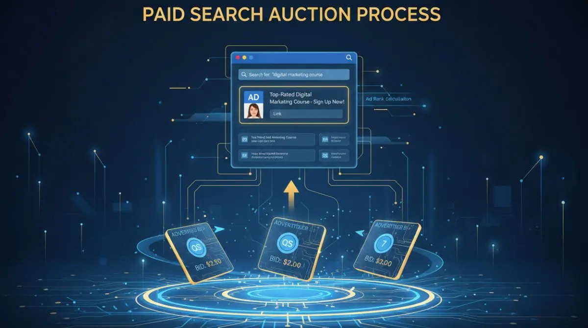 Diagram of a paid search auction showing advertiser bids, quality scores, and ad rank determining placement