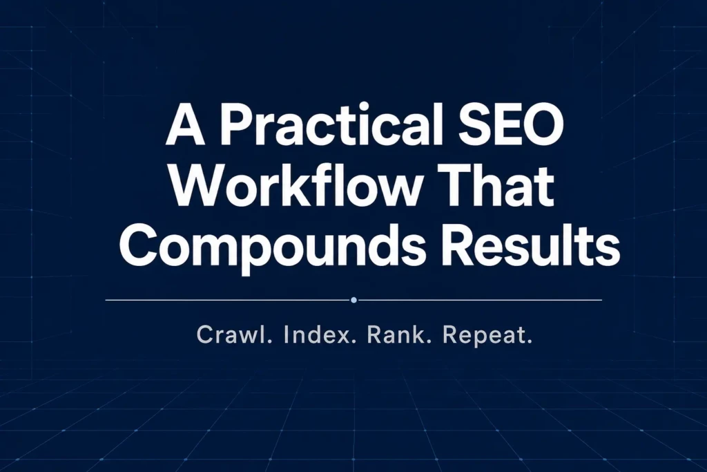 Infographic titled A Practical SEO Workflow That Compounds Results on a dark navy background