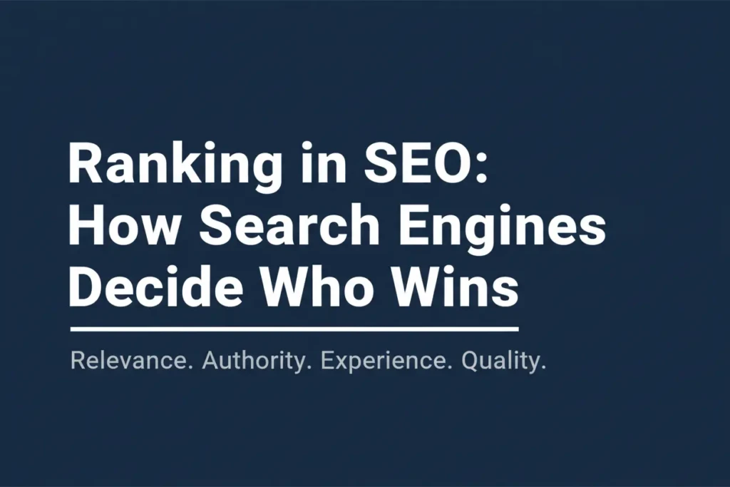 Text graphic with headline Ranking in SEO How Search Engines Decide Who Wins on a navy background