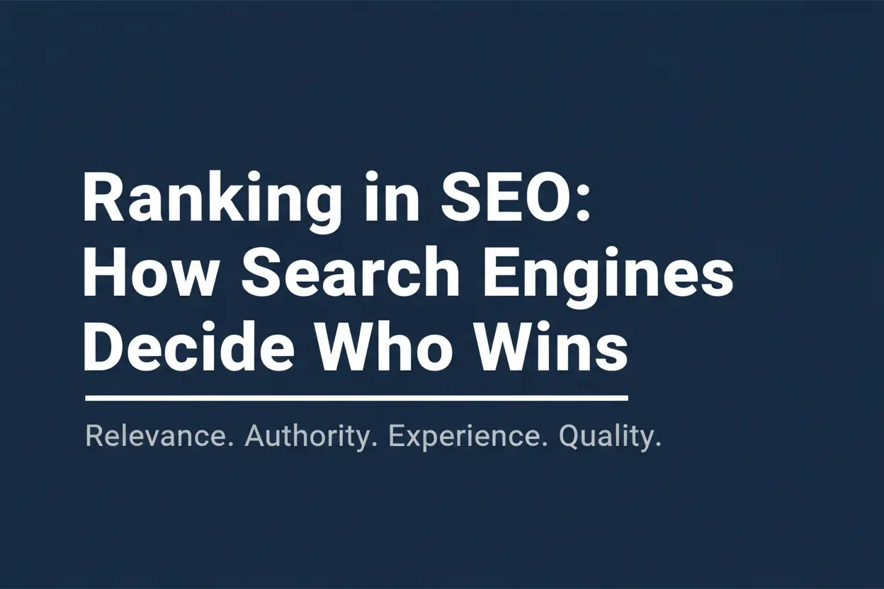 Text graphic with headline Ranking in SEO How Search Engines Decide Who Wins on a navy background