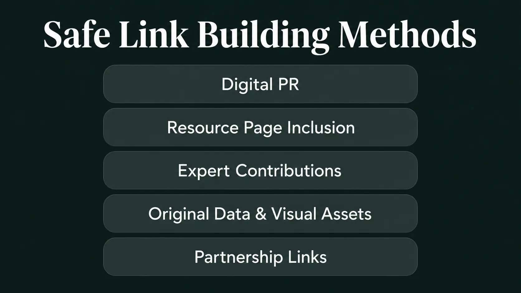 Five safe link building methods for beginners including digital PR, resource pages, and expert contributions