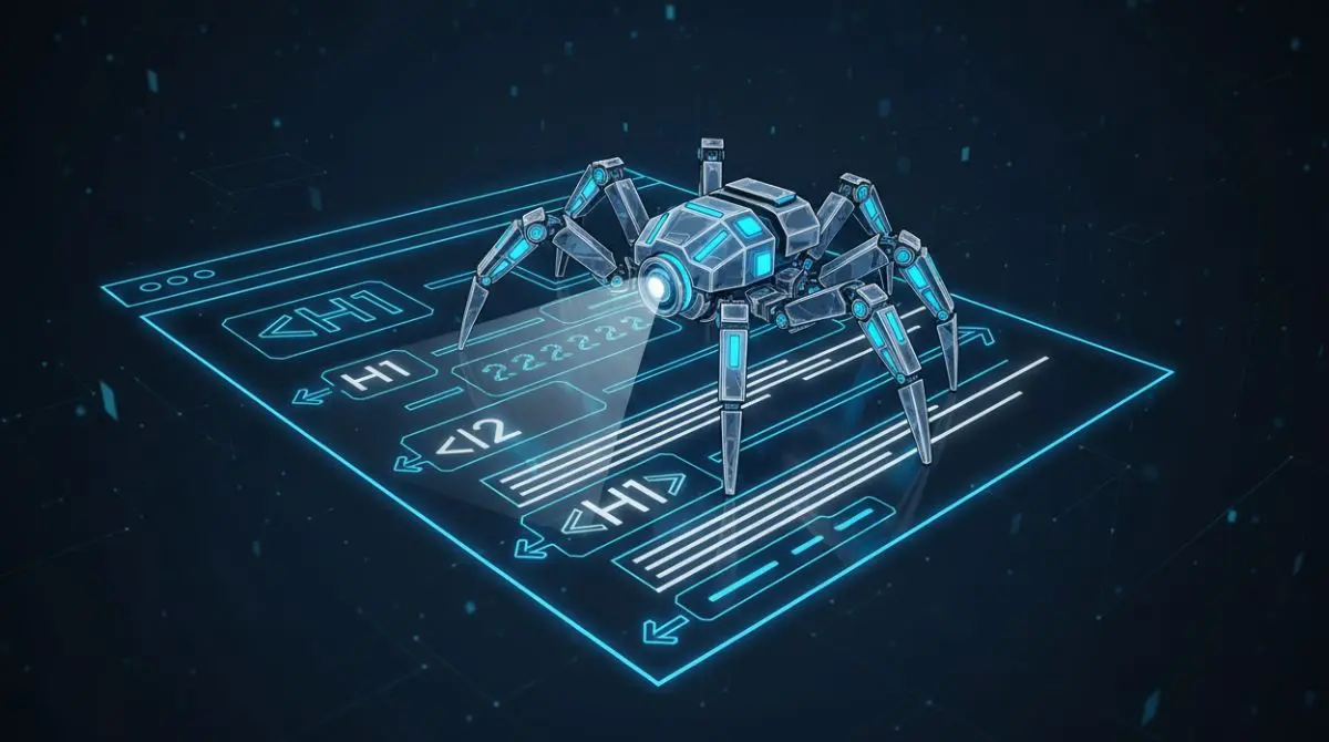 A search engine crawler bot scanning HTML structure, headings, and links on a webpage