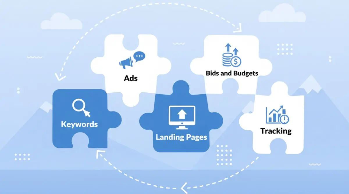 Illustration of key SEM campaign components including keywords, ads, landing pages, bids, and tracking as connected puzzle pieces