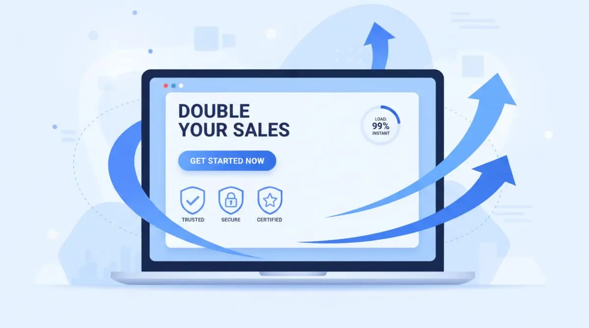 High-converting SEM landing page on a laptop showing clear headline, CTA button, and trust signals with rising conversion arrows