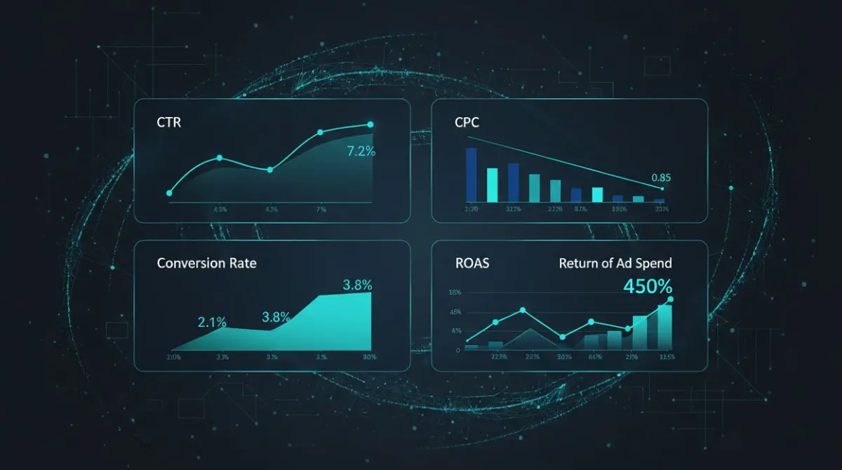 Analytics dashboard displaying SEM performance metrics including CTR, CPC, conversion rate, and ROAS with charts and data visualizations