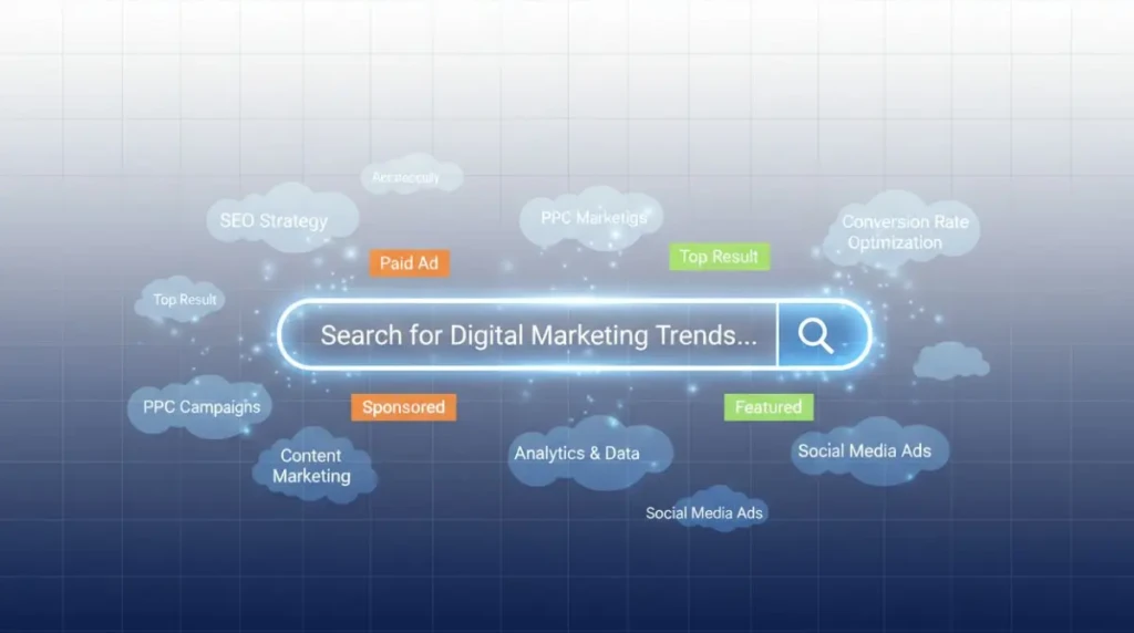 Search engine marketing overview showing a glowing search bar with paid ad keywords and campaign signals