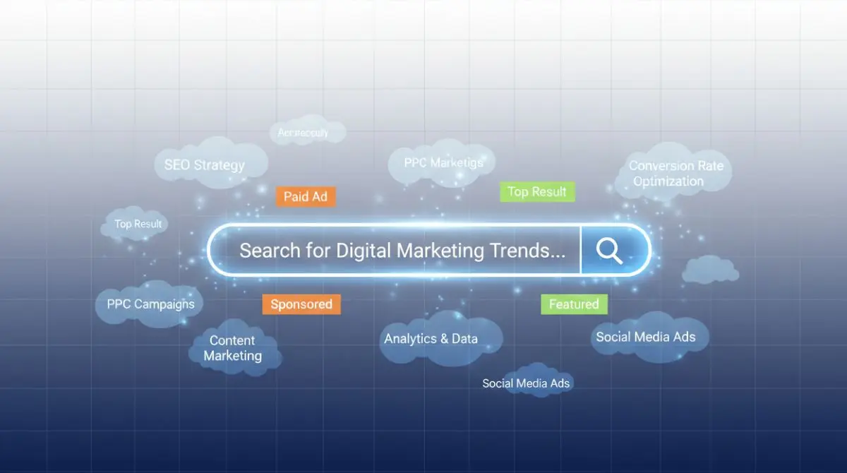 Search engine marketing overview showing a glowing search bar with paid ad keywords and campaign signals