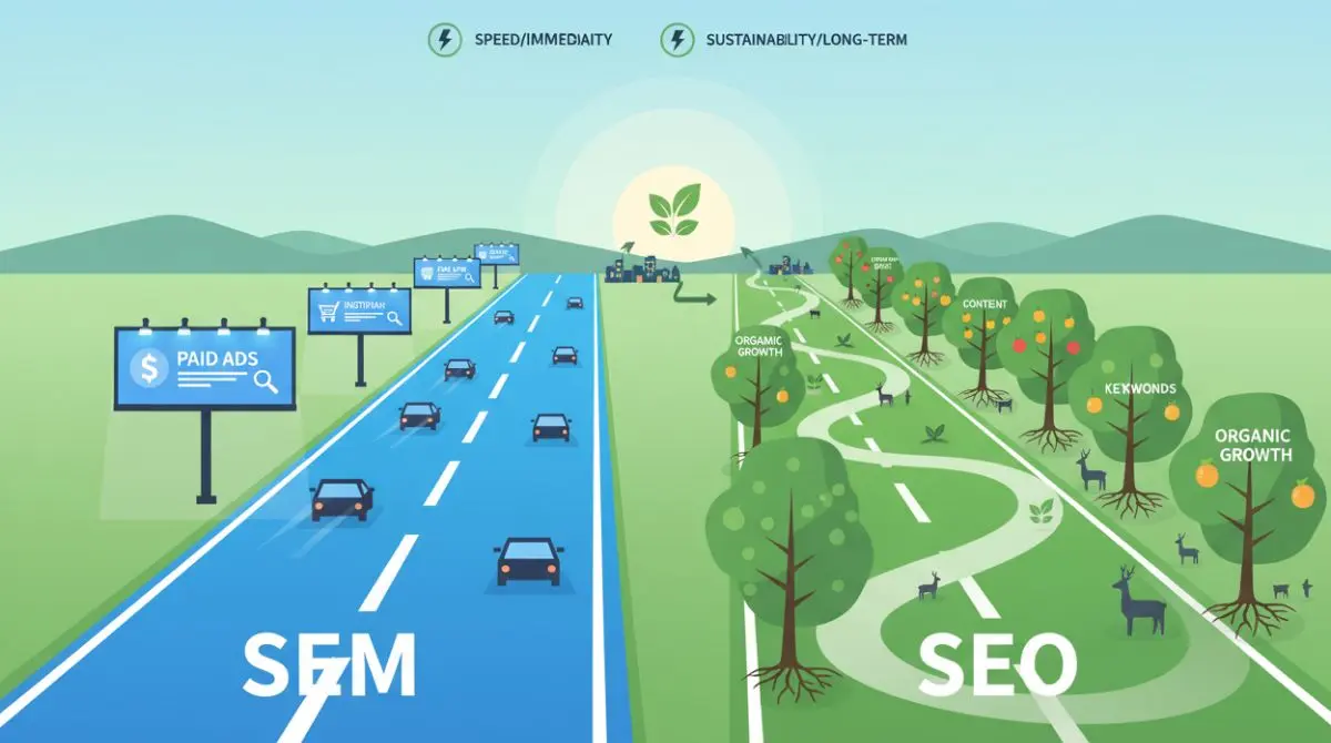 Side by side comparison of SEM and SEO as two roads showing speed versus long-term organic growth