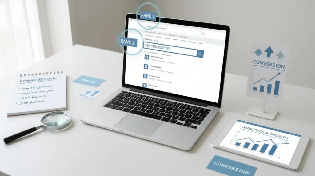 A laptop showing search engine results with analytics graphs and keyword notes on a clean desk representing SEO