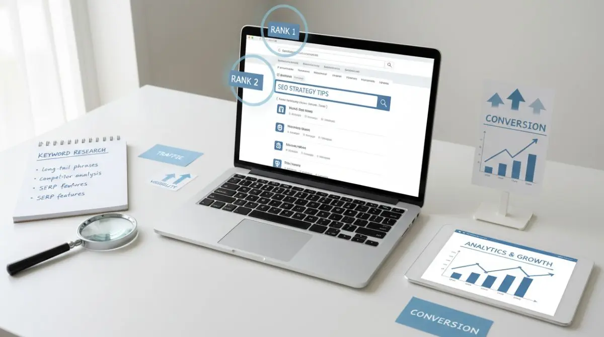 A laptop showing search engine results with analytics graphs and keyword notes on a clean desk representing SEO