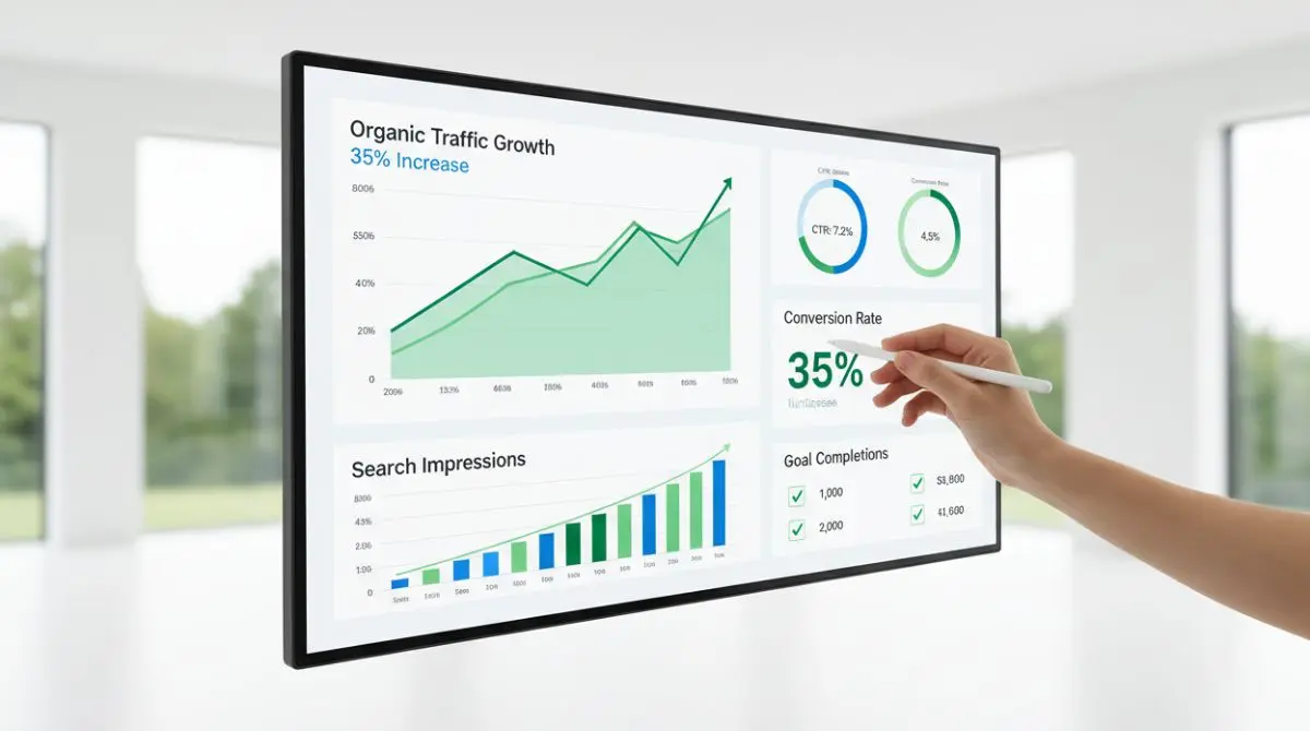 Analytics dashboard showing organic traffic growth chart, click-through rate, search impressions, and conversion metrics for SEO performance
