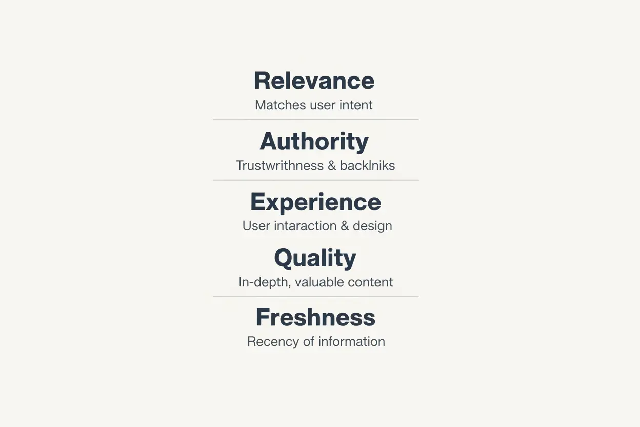 Text infographic listing five SEO ranking signal categories: Relevance, Authority, Experience, Quality, and Freshness