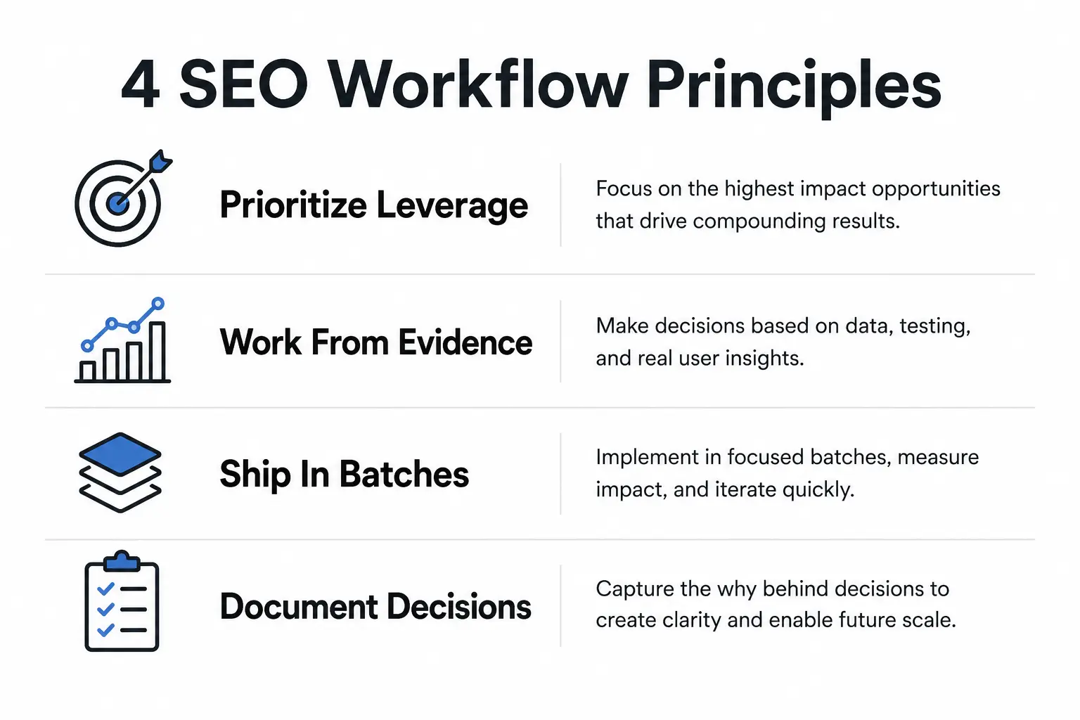 Infographic listing four SEO workflow principles: Prioritize Leverage, Work From Evidence, Ship In Batches, and Document Decisions