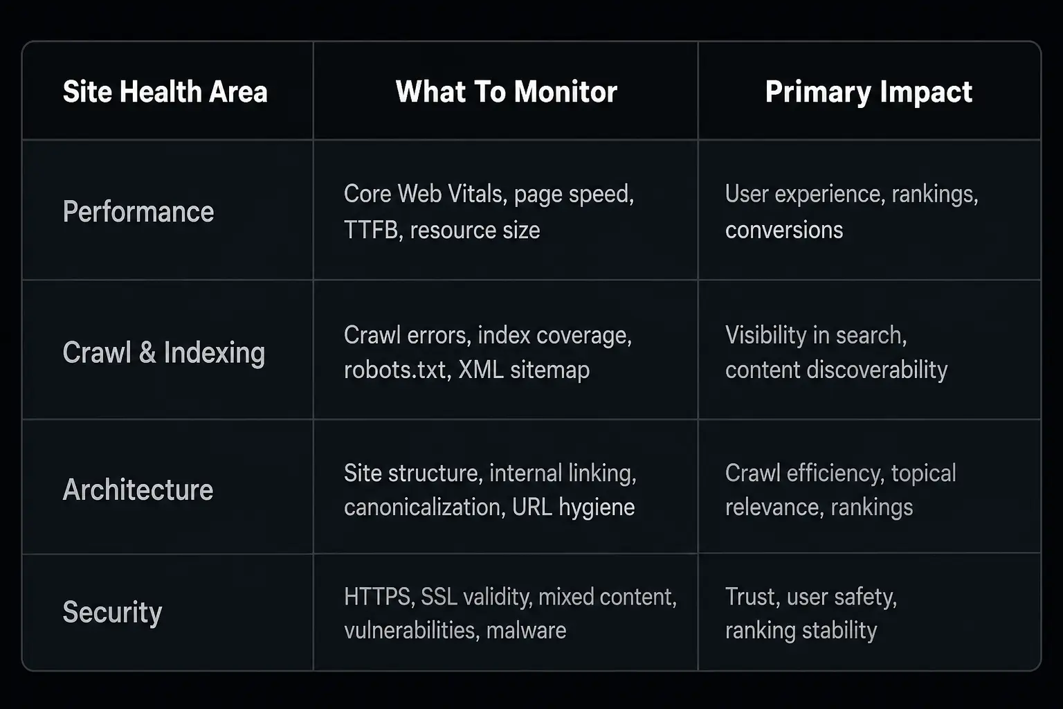 Site health checklist table showing monitoring areas, metrics to track, and their primary SEO and UX impact