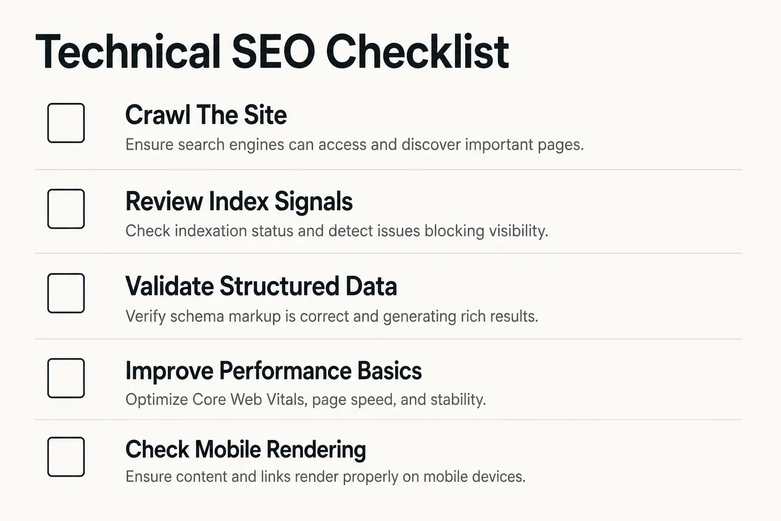 Technical SEO checklist infographic with five action items including crawl the site, review index signals, and check mobile rendering