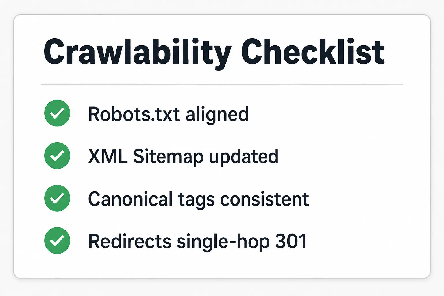 Text-based checklist graphic for technical SEO crawlability covering robots.txt, sitemaps, canonicals, and redirects