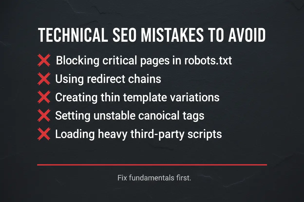 Text graphic listing five common technical SEO mistakes including redirect chains, unstable canonicals, and overblocking in robots.txt 