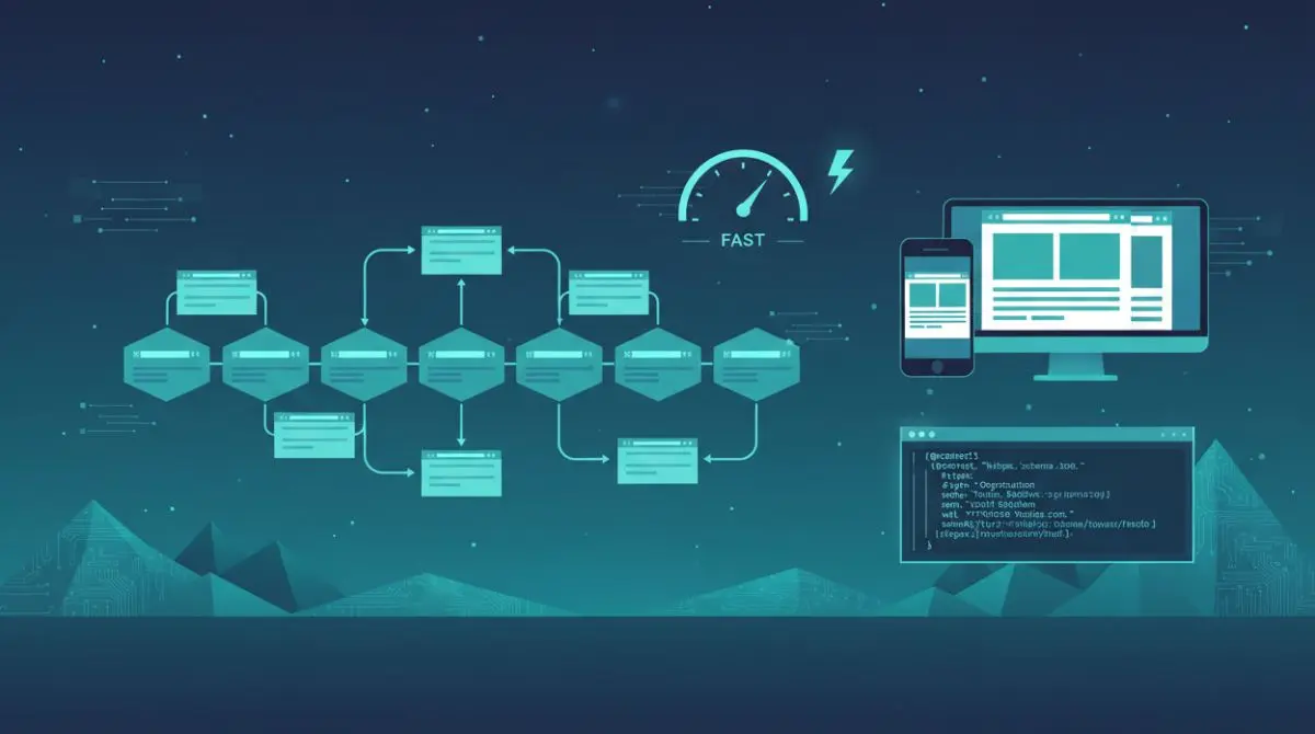 Website architecture diagram with site speed gauge, mobile and desktop responsive design, and structured data schema markup illustration