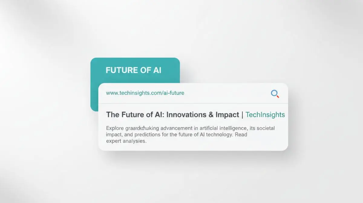 A browser tab showing a title tag and a Google-style search result snippet with a meta description