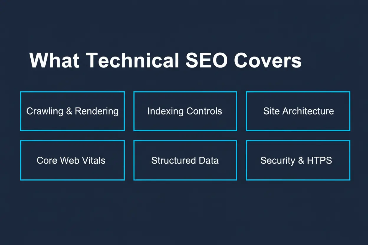 Infographic showing six areas of technical SEO: crawling, indexing, site architecture, Core Web Vitals, structured data, and security
